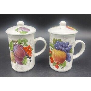 VTG ST. GEORGE Fine Bone China Lidded Fruit Theme Mugs Cups Made in England EUC